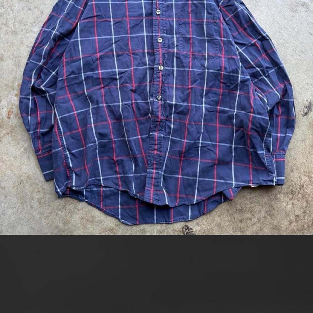 Burberrys Vintage Plaid Button Up Shirt Navy Red White XL Made in USA